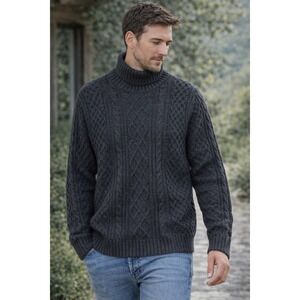 The Normal Brand Men's Sweater Cable Knit Charcoal  Turtleneck  Large